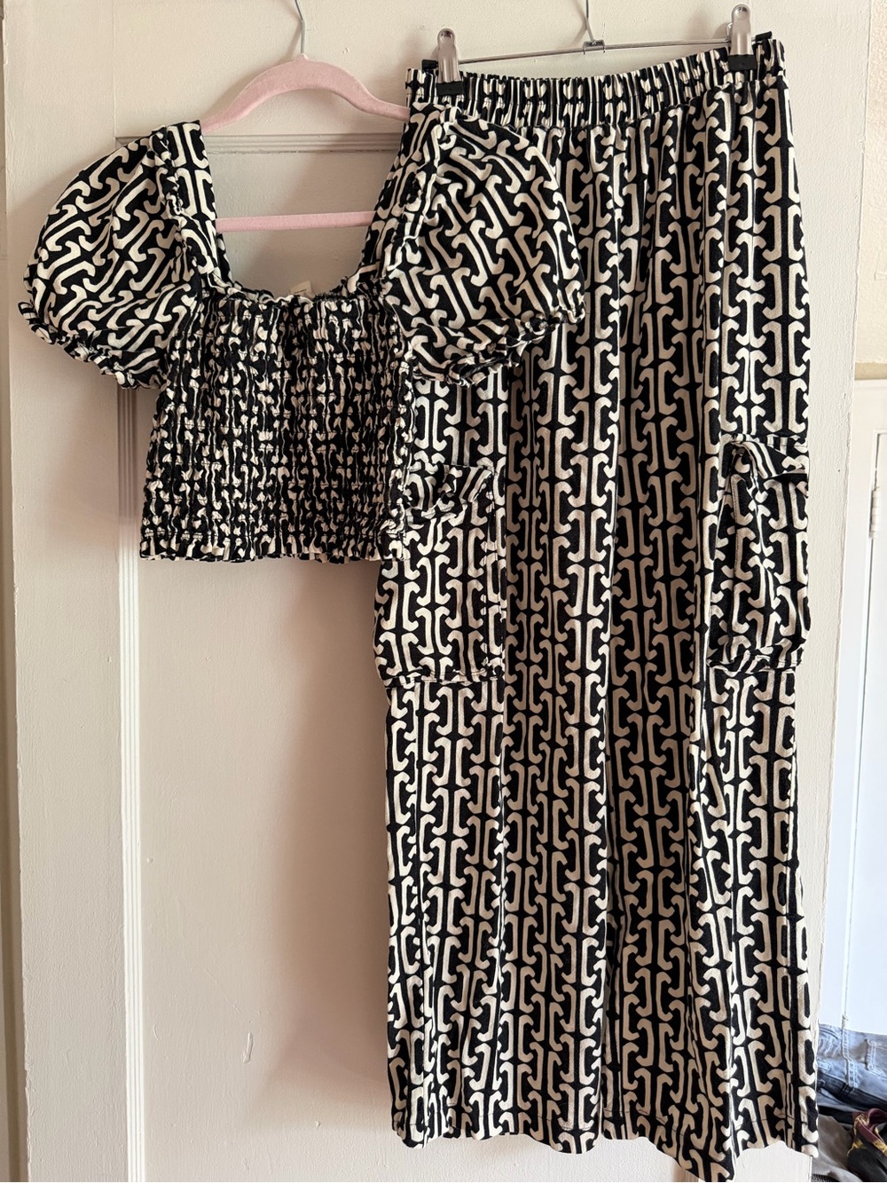 Two-Piece Black & Cream Geometric Crop Top + Pants Set